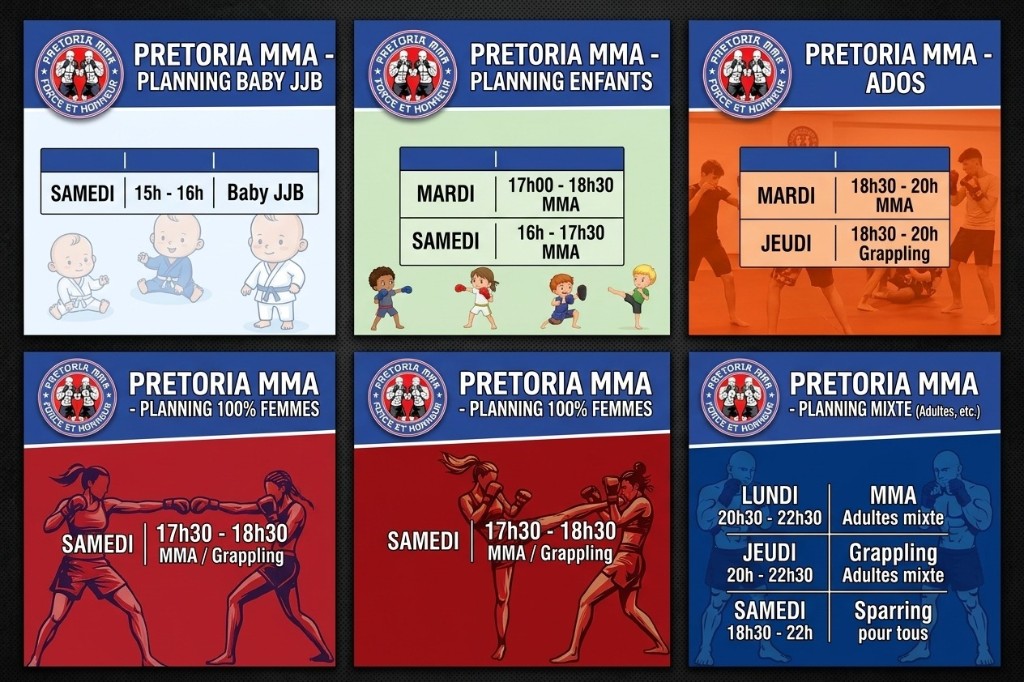 Planning hebdomadaire Pretoria MMA : Baby JJB, enfants, ados, créneau femmes et adultes mixte